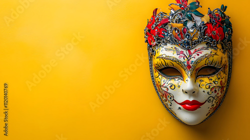 Venetian mask on a yellow background. Venice masquerade for carnical and festivals