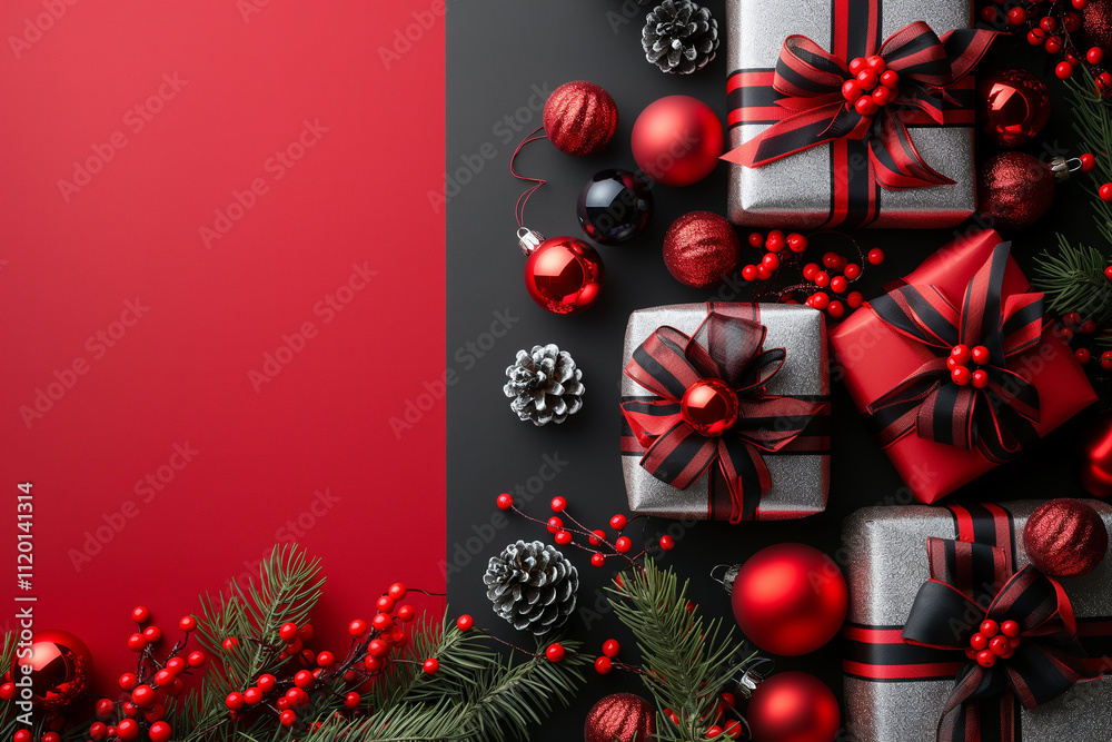 A Christmas tree with red and silver gifts and decorations A Christmas tree with red and silver gifts and decorations