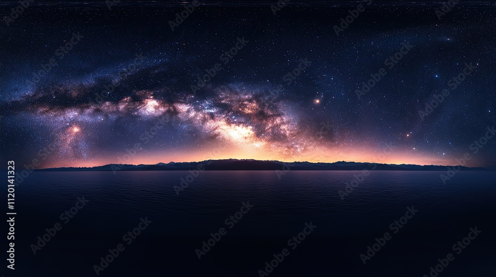 A panoramic view of the Milky Way over a serene horizon at twilight.