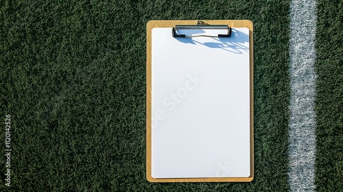 Empty clipboard on football field, ready for strategic planning and game notes.