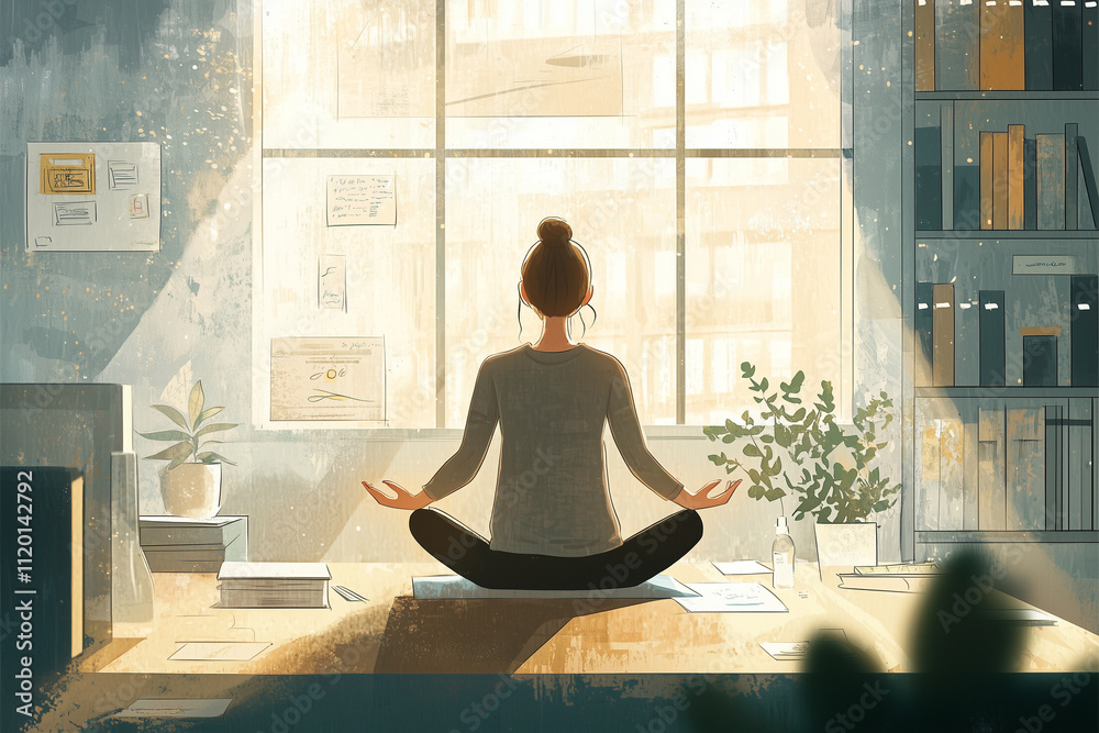 serene image of remote worker meditating in cozy workspace, surrounded by plants and natural light. This peaceful scene captures essence of mindfulness and productivity serene image of remote worker meditating in cozy workspace, surrounded by plants and natural light. This peaceful scene captures essence of mindfulness and productivity