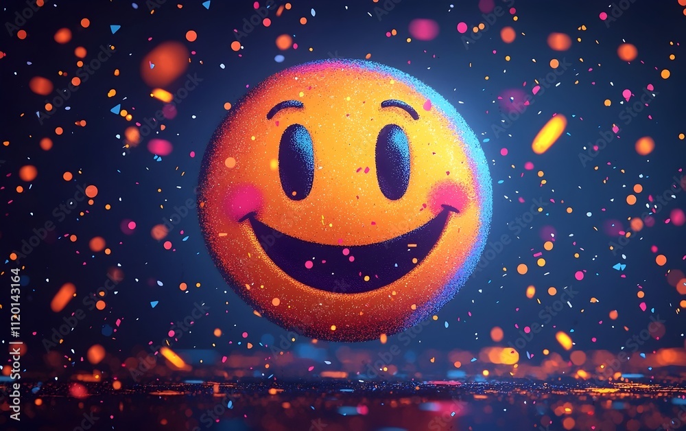 Fototapeta premium A vibrant and joyful 3D smiling emoji surrounded by colorful confetti, creating a festive and cheerful atmosphere filled with positivity and celebration.