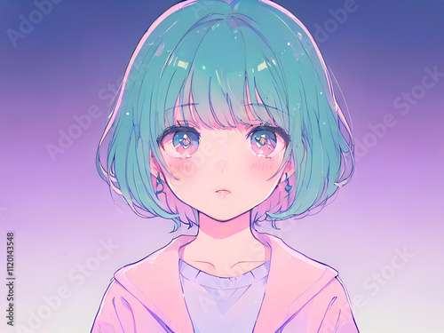girl in an anime stele in a kara haircut on a lilac azure blue gradient background AI generated