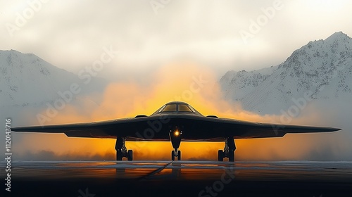 B-2 Spirit Stealth Bomber preparing for flight at an air base surrounded by majestic mountains during a dramatic sunset photo