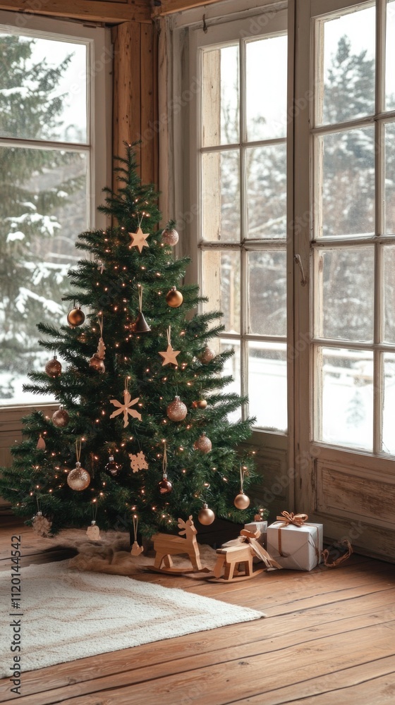 Interior of festive living room with gift boxes under Christmas tree. High quality photo Interior of festive living room with gift boxes under Christmas tree. High quality photo