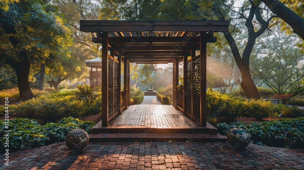 Beautiful modern gazebo with artistic ornaments in a clean garden Beautiful modern gazebo with artistic ornaments in a clean garden