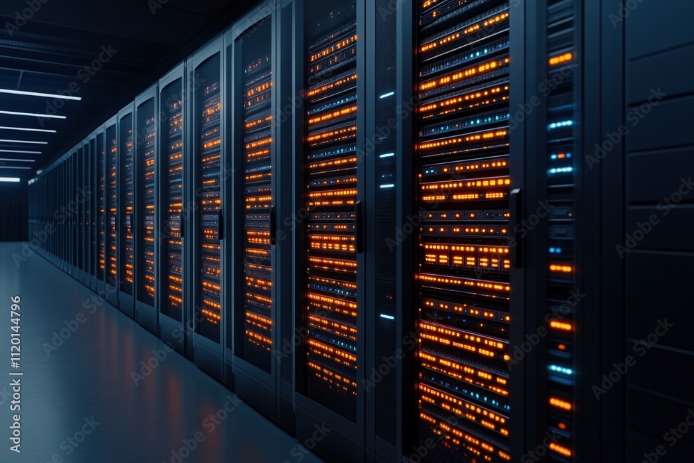 Modern data center filled with servers operating robustly, showcasing vibrant lights and advanced technology during a busy workday Modern data center filled with servers operating robustly, showcasing vibrant lights and advanced technology during a busy workday