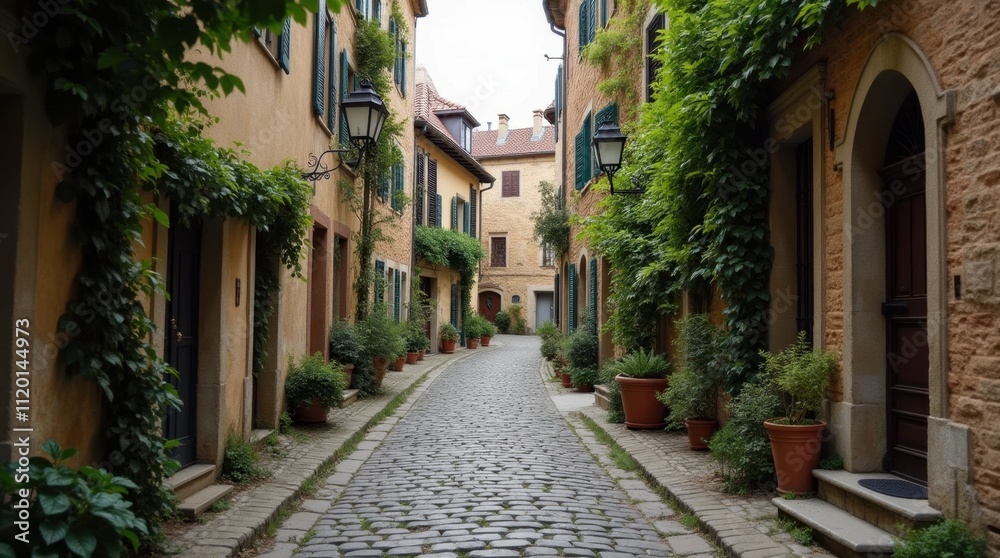 Fototapeta premium Cobblestone Alley in Historic European Village