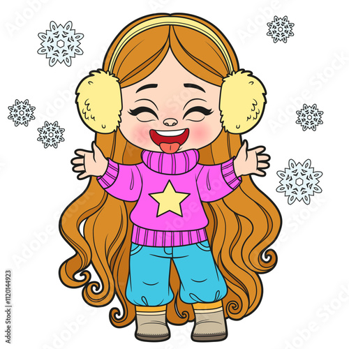 Cute cartoon longhaired girl in warm sweater catches snowflakes with tongue on white background