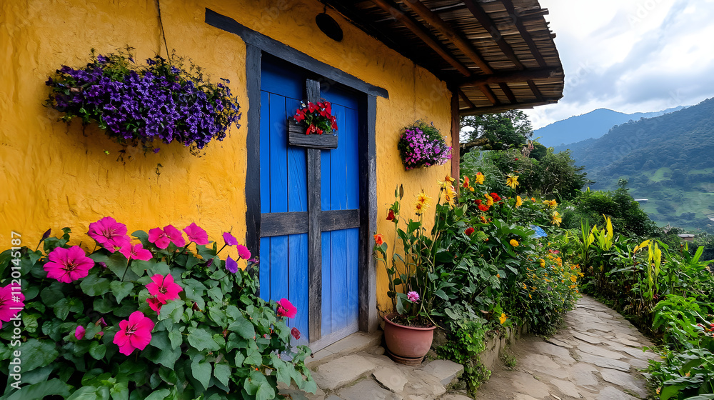 vibrant yellow house with blue door, surrounded by colorful flowers and lush greenery, creates picturesque scene. charming pathway invites exploration and joy vibrant yellow house with blue door, surrounded by colorful flowers and lush greenery, creates picturesque scene. charming pathway invites exploration and joy