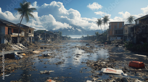 Post Disaster Aftermath, Flood Damaged Residential Area. Concept of devastation, destruction, and recovery. photo