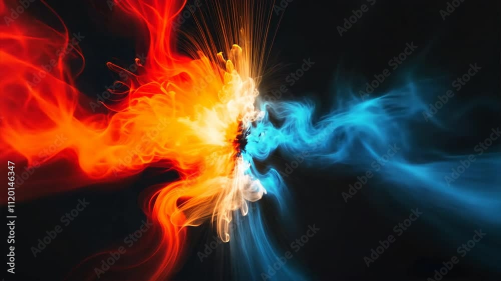 Vibrant abstract design of swirling orange and blue flames creates dynamic energy and contrast, evoking sense of movement and passion in this captivating artwork.