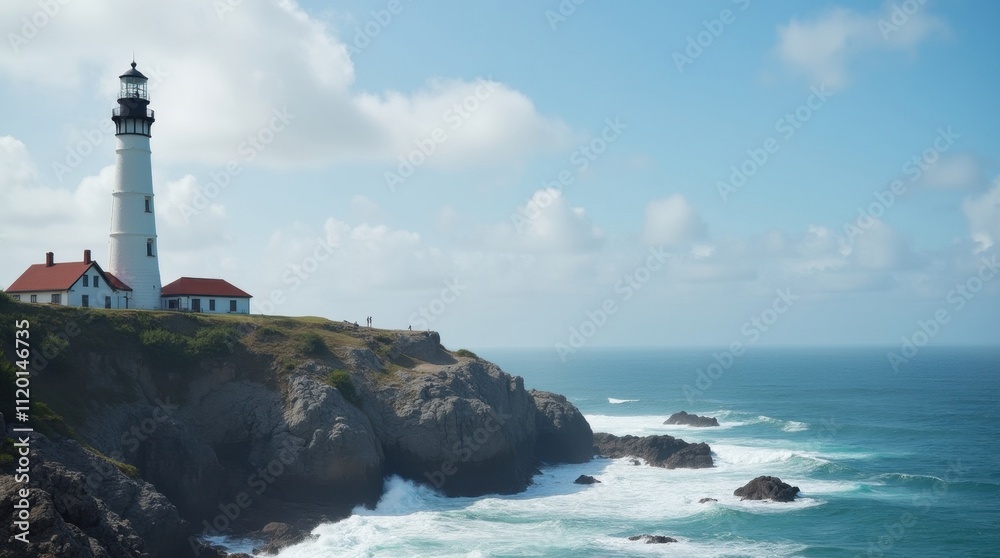 Majestic Lighthouse on Rocky Cliff with Crashing Waves Majestic Lighthouse on Rocky Cliff with Crashing Waves