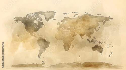 Watercolor world map on aged paper background.