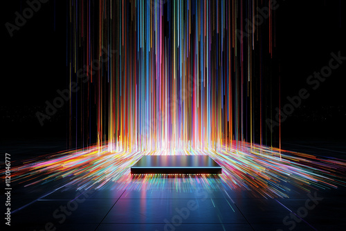 vibrant depiction of futuristic AI chip emitting colorful light streams, symbolizing advanced technology and innovation. dynamic colors create sense of energy and progress