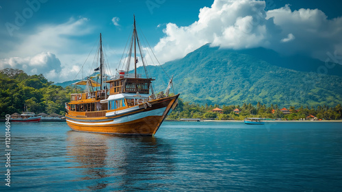 Wooden sailboat in tropical bay. Concept of travel, adventure, and tropical vacation.