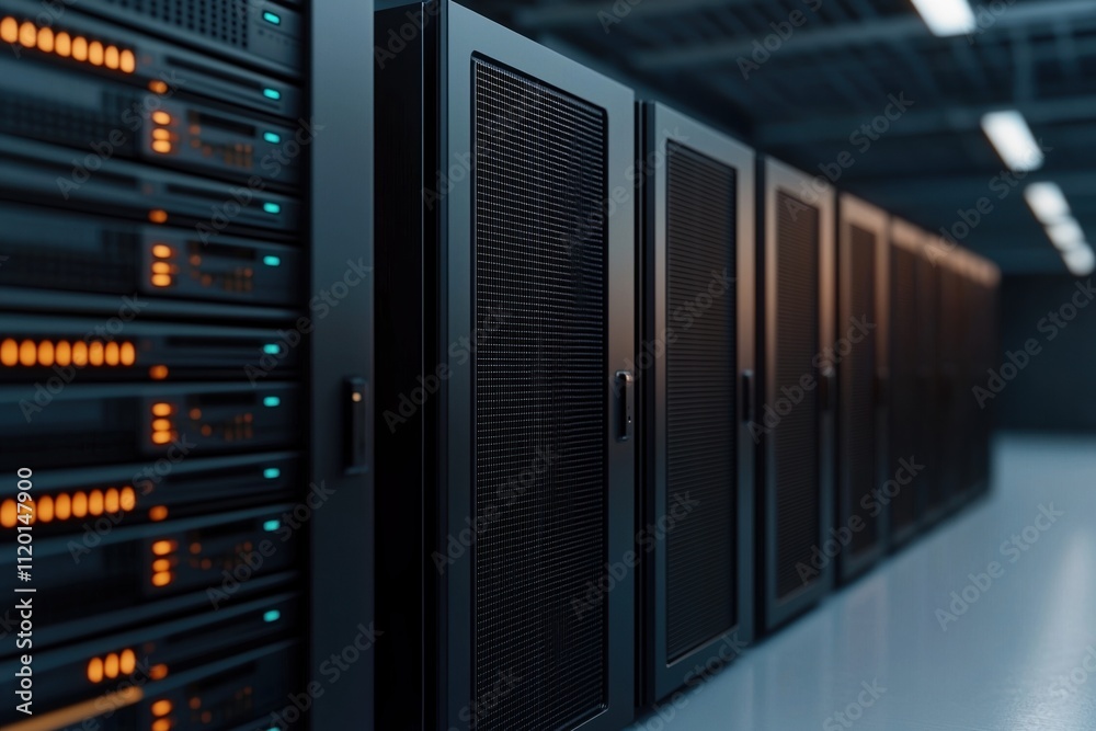 Modern server room in a secure data center showcasing rows of advanced servers and network equipment during late evening hours Modern server room in a secure data center showcasing rows of advanced servers and network equipment during late evening hours