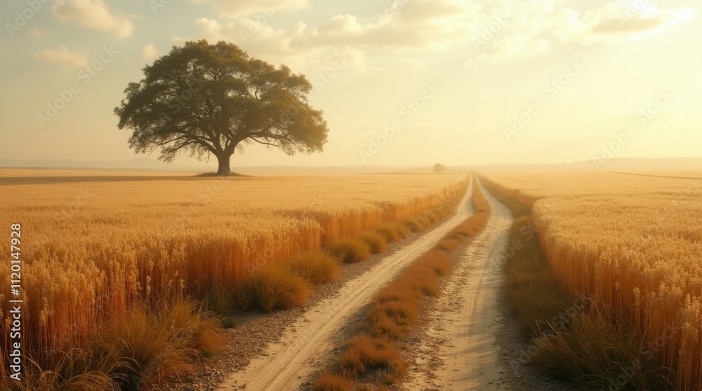 Serene Rural Road Through Golden Field Serene Rural Road Through Golden Field