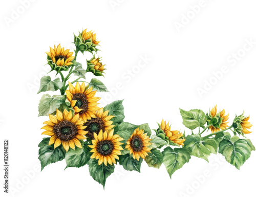 A vibrant arrangement of sunflowers and greenery, perfect for adding a cheerful touch to any design or project, transparent background.