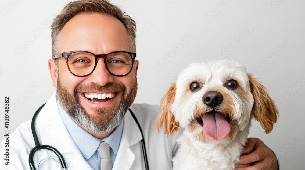 Smiling Veterinarian and Happy Dog: A friendly veterinarian with a kind smile and a stethoscope poses with a happy dog, demonstrating the bond and care between pet and professional. Smiling Veterinarian and Happy Dog: A friendly veterinarian with a kind smile and a stethoscope poses with a happy dog, demonstrating the bond and care between pet and professional.