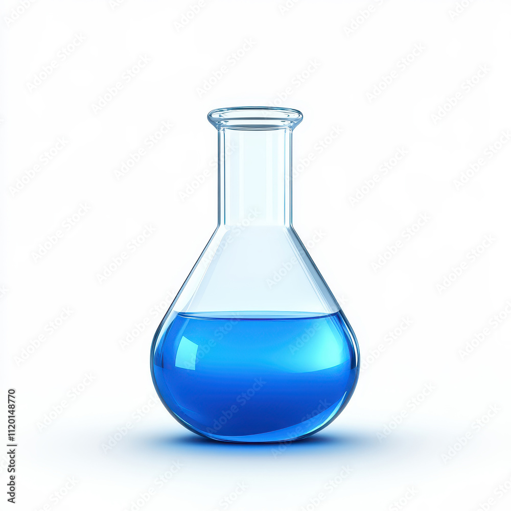 Blue liquid in a glass laboratory flask on a white background. isolated on white background. Blue liquid in a glass laboratory flask on a white background. isolated on white background.