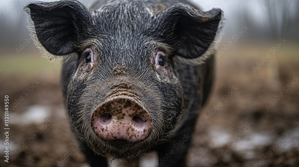 A muddy pig stares intently at the camera. A muddy pig stares intently at the camera.