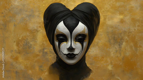 Venetian mask on a gold background. Venice masquerade for carnical and festivals photo