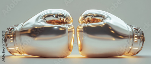 A pair of metallic silver boxing gloves with golden reflections positioned facing each other on a neutral gray background, showcasing luxurious metallic texture and lighting. Generative AI.