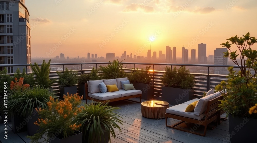 Fototapeta premium Stylish Rooftop Garden with Potted Plants and Seating