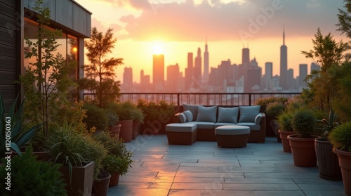 Stylish Rooftop Garden with Potted Plants and Seating