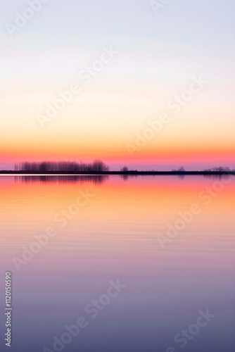 Serene Sunset over Calm Waters with Reflective Horizon and Silhouette Trees Creating a Tranquil Landscape