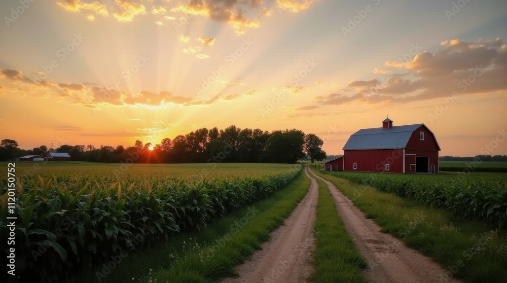 Fototapeta premium Tranquil Farm Dusk Landscape with Distant Red Barn