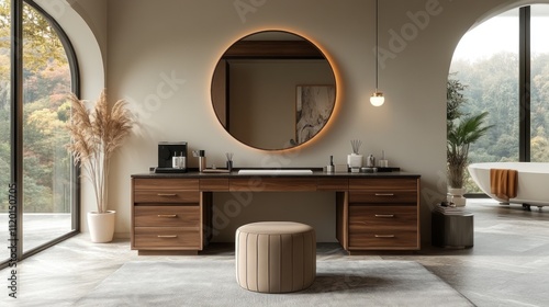 Modern vanity with round mirror in minimalist bathroom.