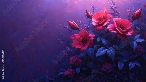 Blooming roses in vibrant purple background nature photography floral arrangement artistic view serene atmosphere