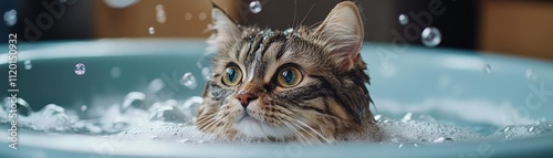 A cat with striking blue eyes peeks above water in a bowl, surrounded by bubbles, showcasing a moment of curiosity and surprise.