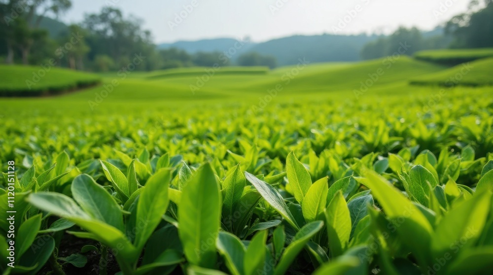 Tranquil Tea Plantation with Lush Green Rows Tranquil Tea Plantation with Lush Green Rows
