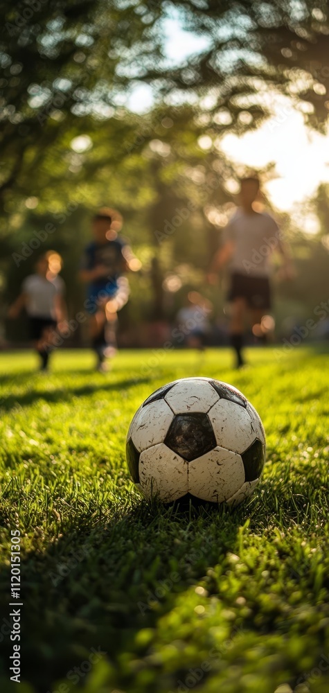 A close-up of a soccer ball on vibrant green grass, with children playing in the background during a sunny day. A close-up of a soccer ball on vibrant green grass, with children playing in the background during a sunny day.