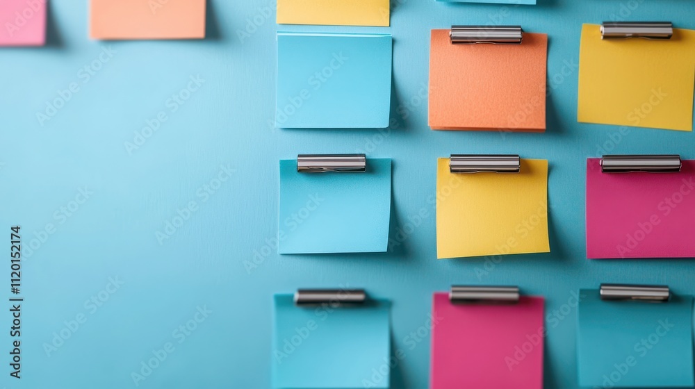 A vibrant array of colorful sticky notes pinned on a blue background, ideal for organization and reminders. A vibrant array of colorful sticky notes pinned on a blue background, ideal for organization and reminders.