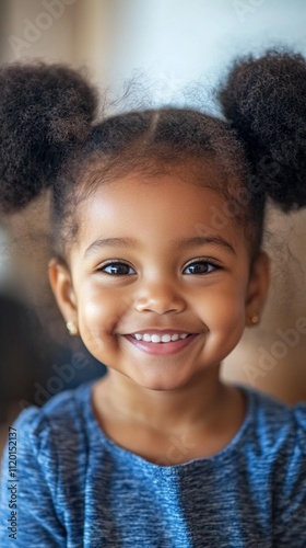 A joyful young child wearing a blue top flashes a bright, genuine smile that lights up their entire face, with natural hair styled in two playful puffs and warm eyes sparkling with happiness.