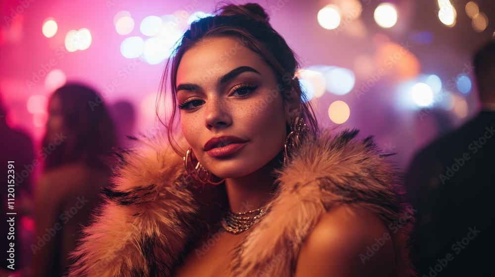 Young Woman Posing In Fur At A Nightclub Young Woman Posing In Fur At A Nightclub