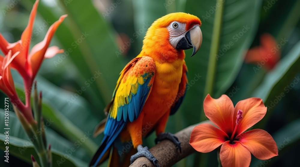 Fototapeta premium Vibrant Parrot on Tropical Branch with Flowers