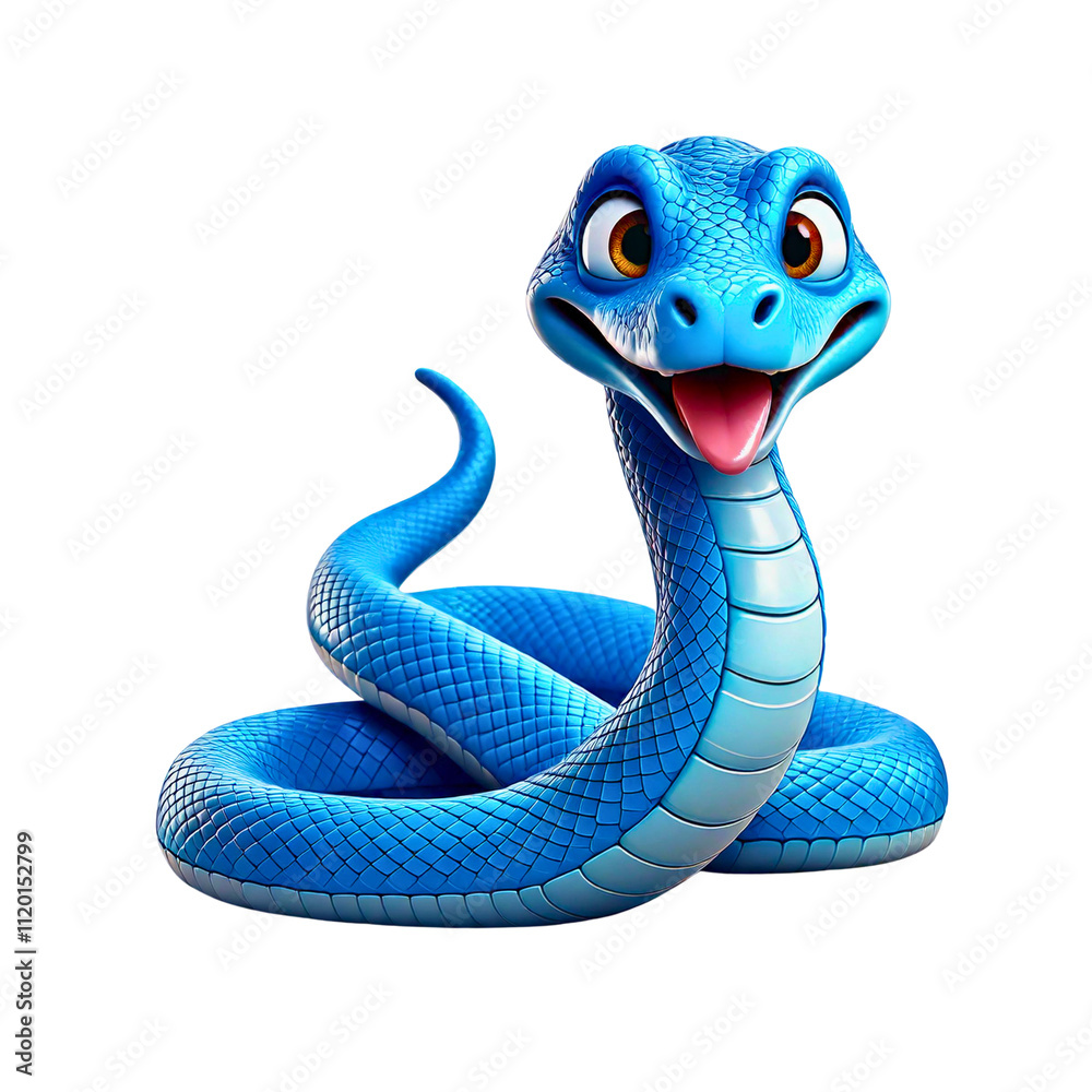 Fototapeta premium A cheerful blue animated snake with big eyes presents a playful demeanor.