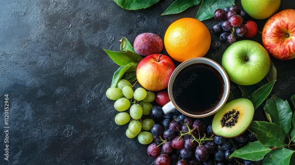 Fresh fruits and a cup of coffee on a dark background Fresh fruits and a cup of coffee on a dark background