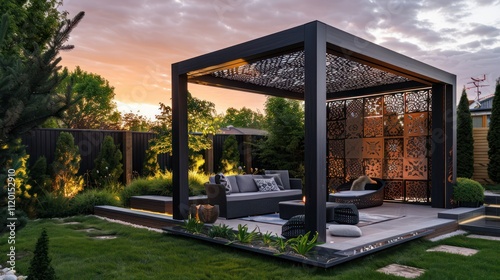 sleek black modern gazebo in spacious garden