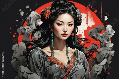 Abstract artistic portrait painting of a woman, with stone element and decoration, asian culture theme concept.
 photo