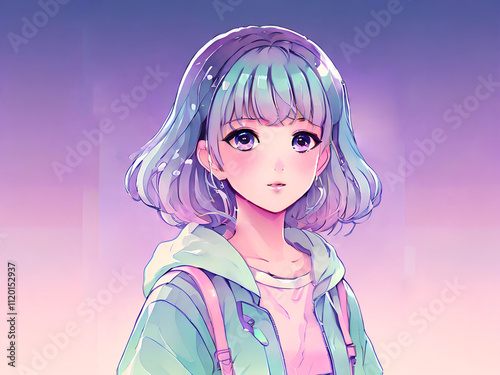 girl in an anime stele in a kara haircut on a lilac azure blue gradient background AI generated photo