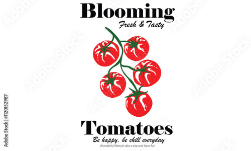 Blooming tomatoes art. Tomato vegetable artwork for t shirt print, poster, sticker and other uses. Fresh vegan food. Red tomato vintage t-shirt design. Organic vegetable farm.