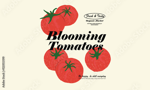 Red tomato vintage t-shirt design. Organic vegetable farm. Blooming tomatoes art. Tomato vegetable artwork for t shirt print, poster, sticker and other uses. Fresh vegan food.