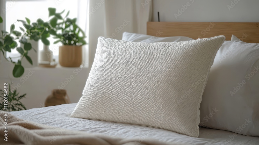 Soft Pillow with Subtle Pattern on a Cozy Bed Soft Pillow with Subtle Pattern on a Cozy Bed