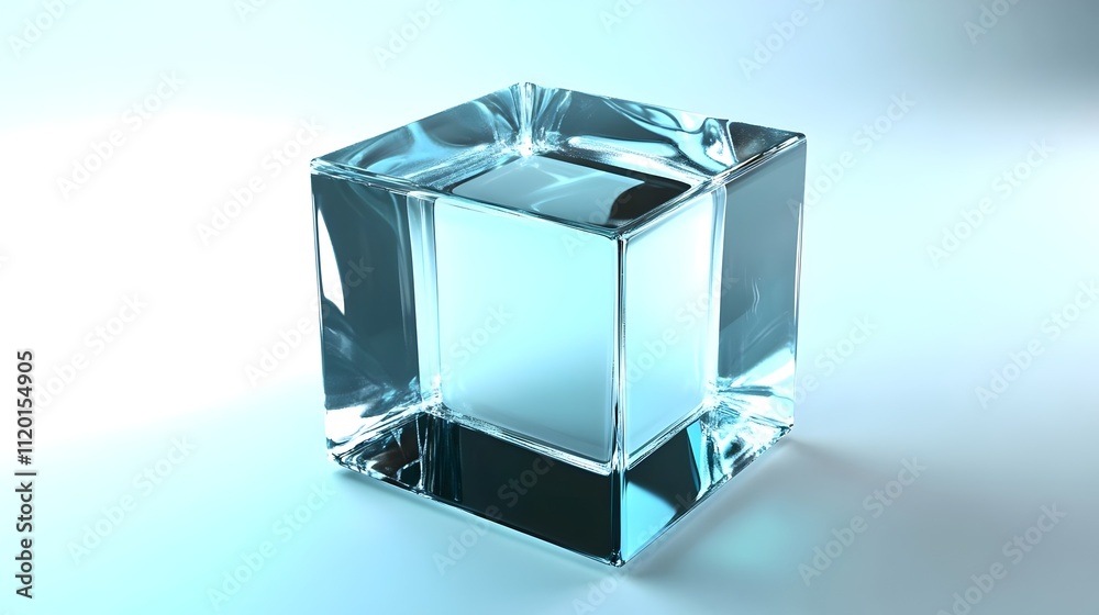 3d digital glass prism cube. A perfectly symmetrical, transparent glass cube with smooth surfaces and glowing reflections, resting on a light blue gradient background. 3d digital glass prism cube. A perfectly symmetrical, transparent glass cube with smooth surfaces and glowing reflections, resting on a light blue gradient background.